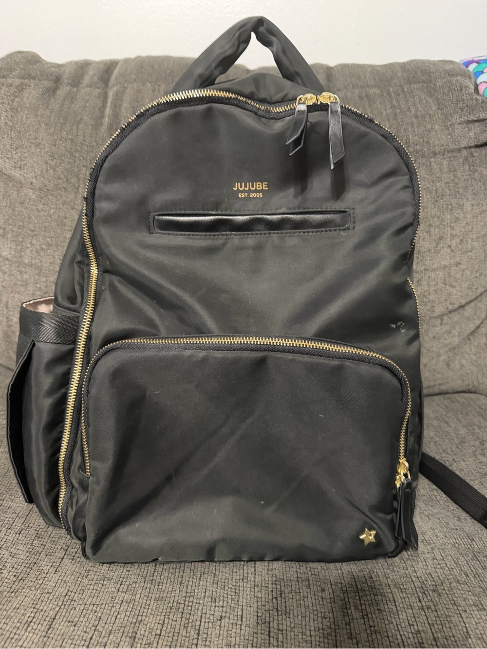 Ju-Ju-Be Black Backpack/ diaper bag with Gold Hardware